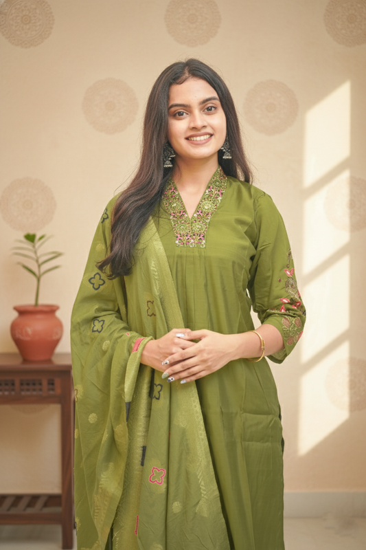 Light Mahendi Muslin Fabric Kurta Set