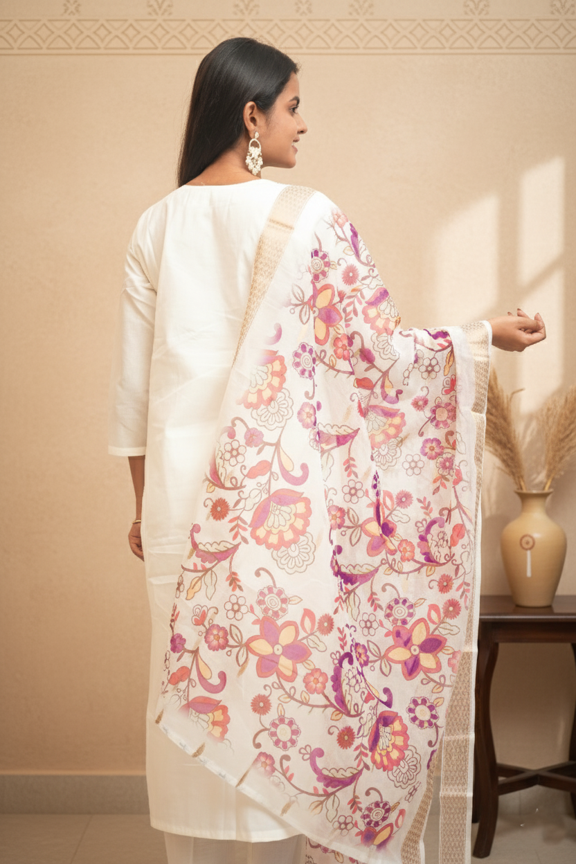 Cream Coloured Embroidery Silk Kurta Set