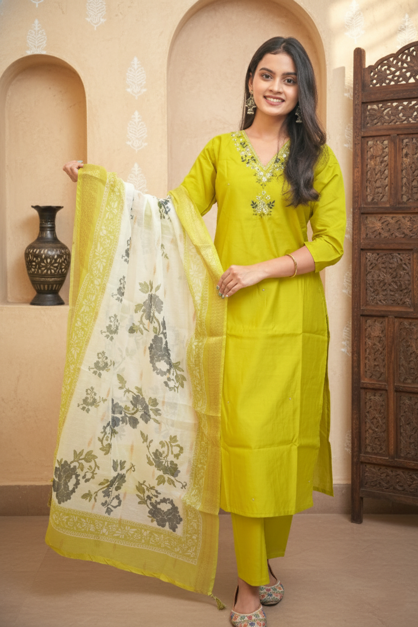 Lemon Green Hevay Chanderi Hand work Kurta Set