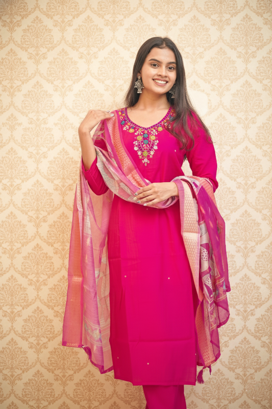 Pink Roman Silk Handwork Kurta Set