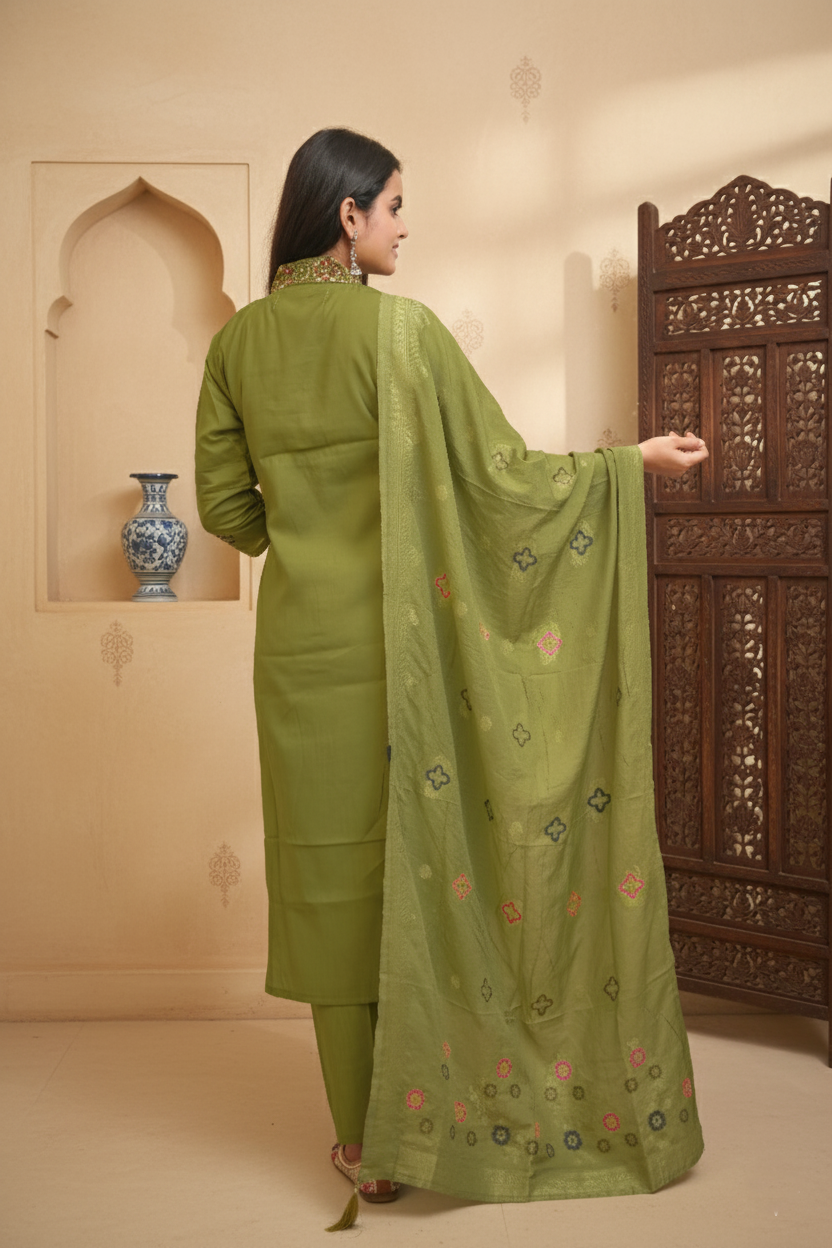 Light Mahendi Muslin Fabric Kurta Set