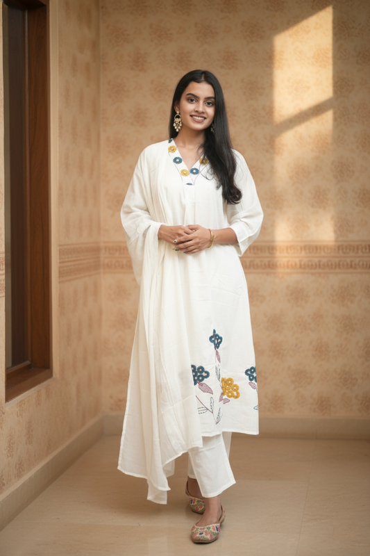 Women White Embroidered Cotton A-Line Kurta Set