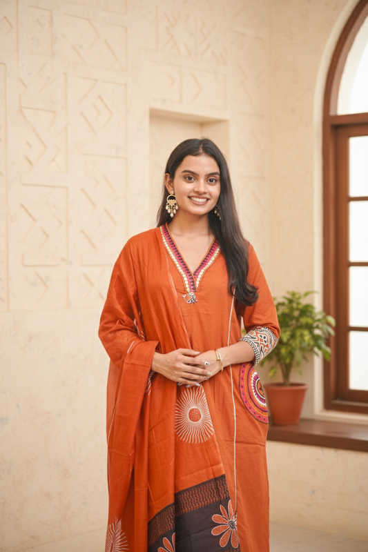 Orange Cotton Embroidery Contrasting Border Printed Dupatta