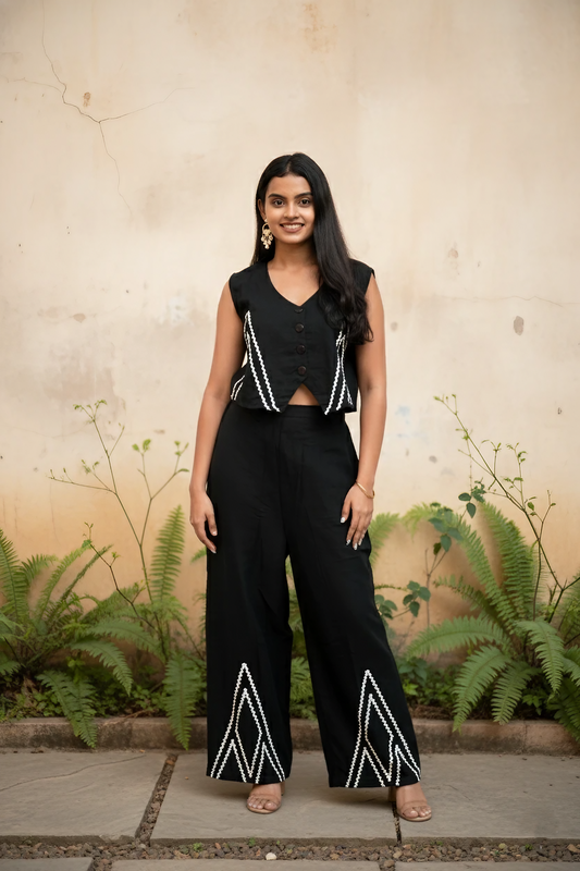 Black Sleeveless Crop Top Palazzo With Chevron Embroidery.