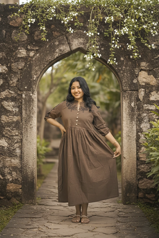 Elegant Brown Neck Embroidery One Piece Dress