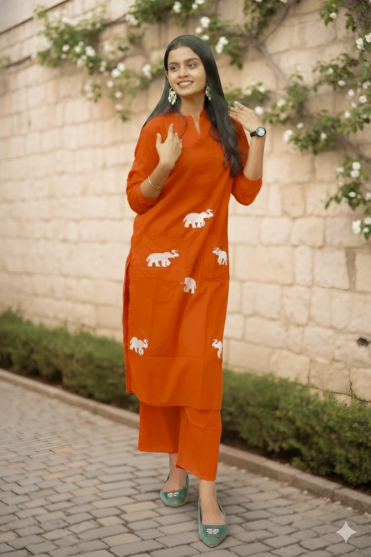 Orange Kurta Set With White Elephant Embroidery Design