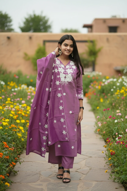 Ice wine Straight Art Embroidery Silk Kurta Set