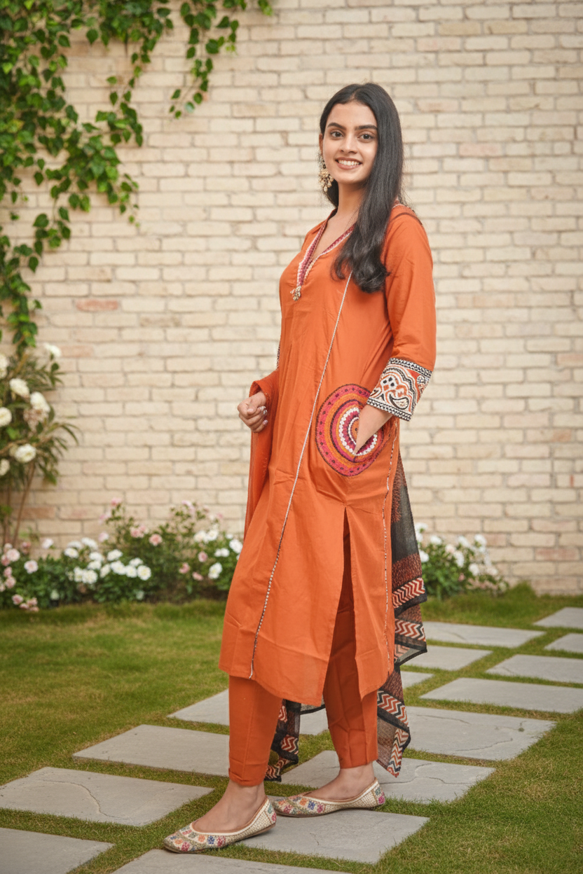 Orange Cotton Embroidery Contrasting Border Printed Dupatta