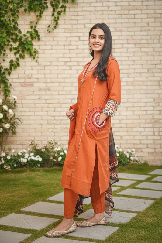 Orange Cotton Embroidery Contrasting Border Printed Dupatta