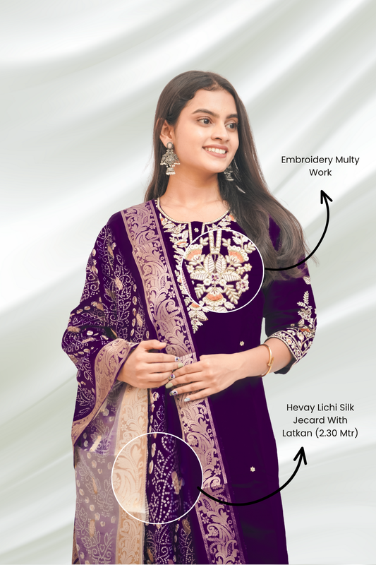 Dark Purple Lichi Silk Kurta Set