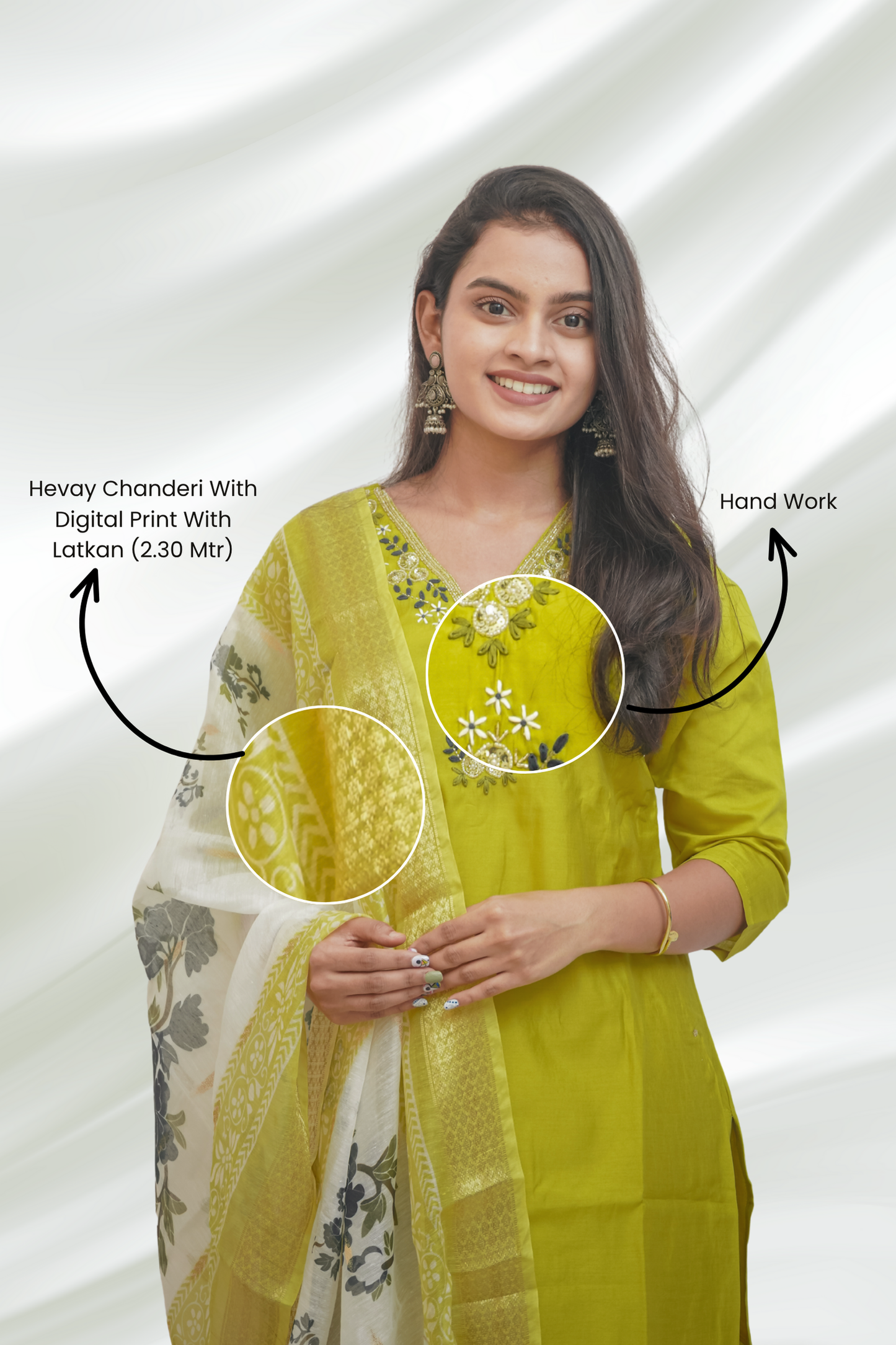 Lemon Green Hevay Chanderi Hand work Kurta Set