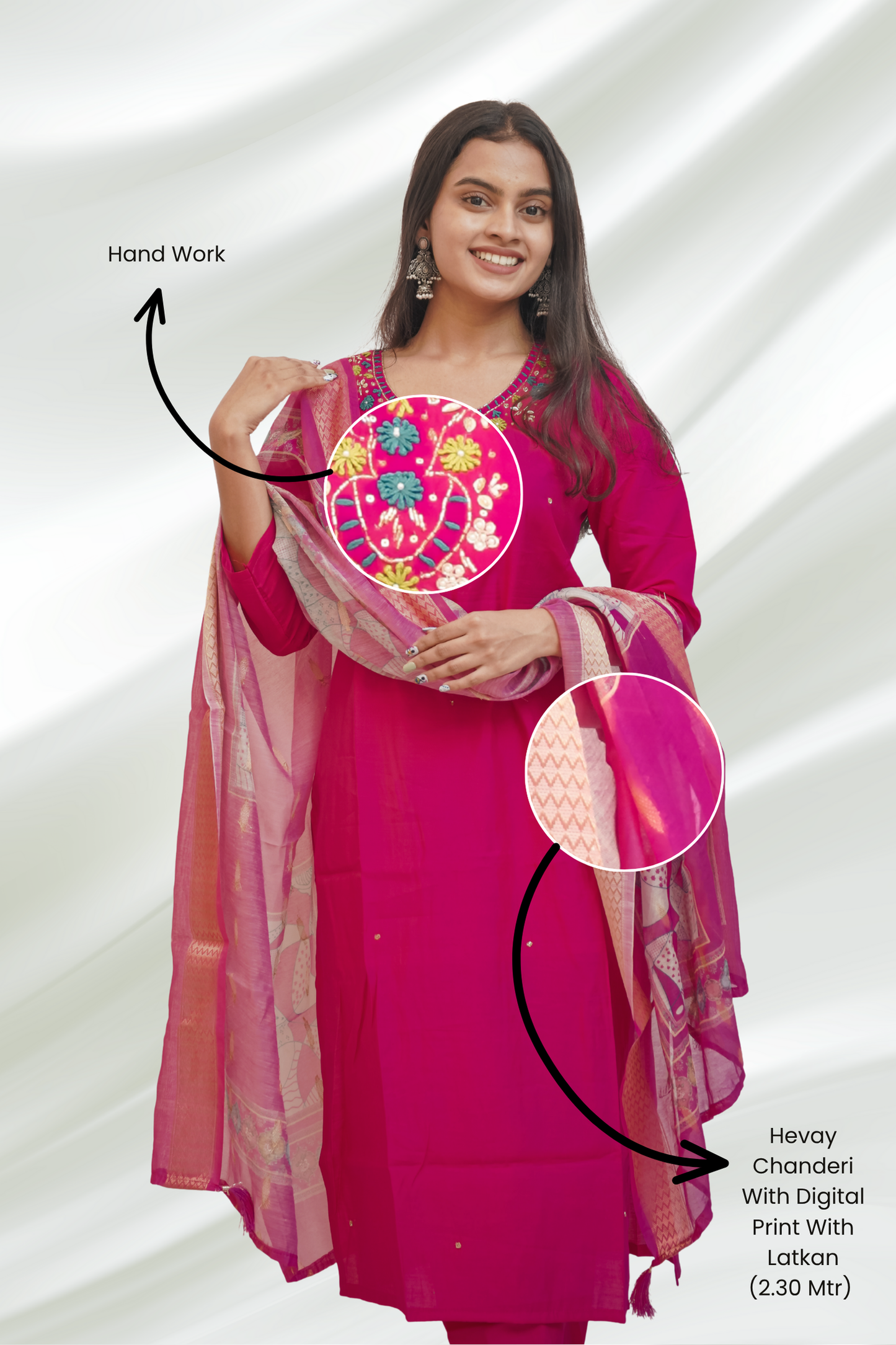 Pink Roman Silk Handwork Kurta Set