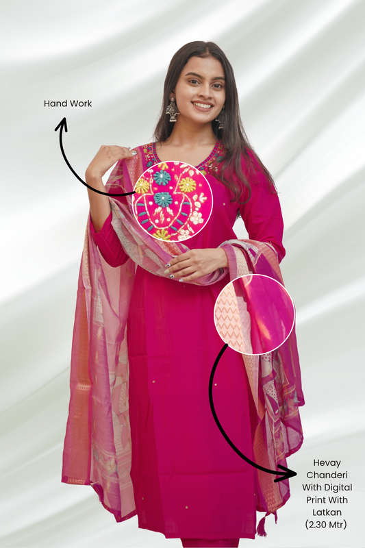 Pink Roman Silk Handwork Kurta Set
