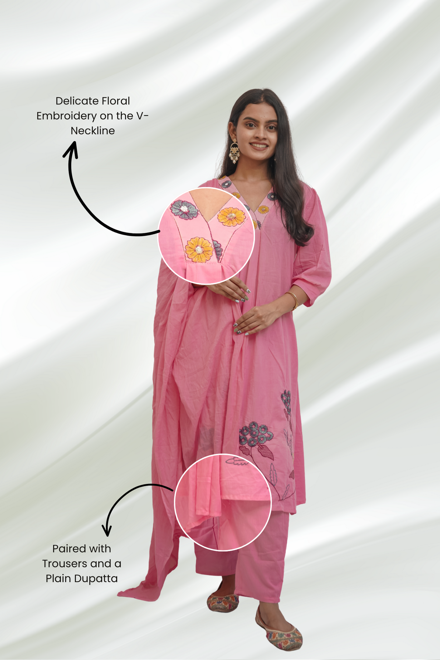 Women Pink Embroidered Cotton A-Line Kurta Set
