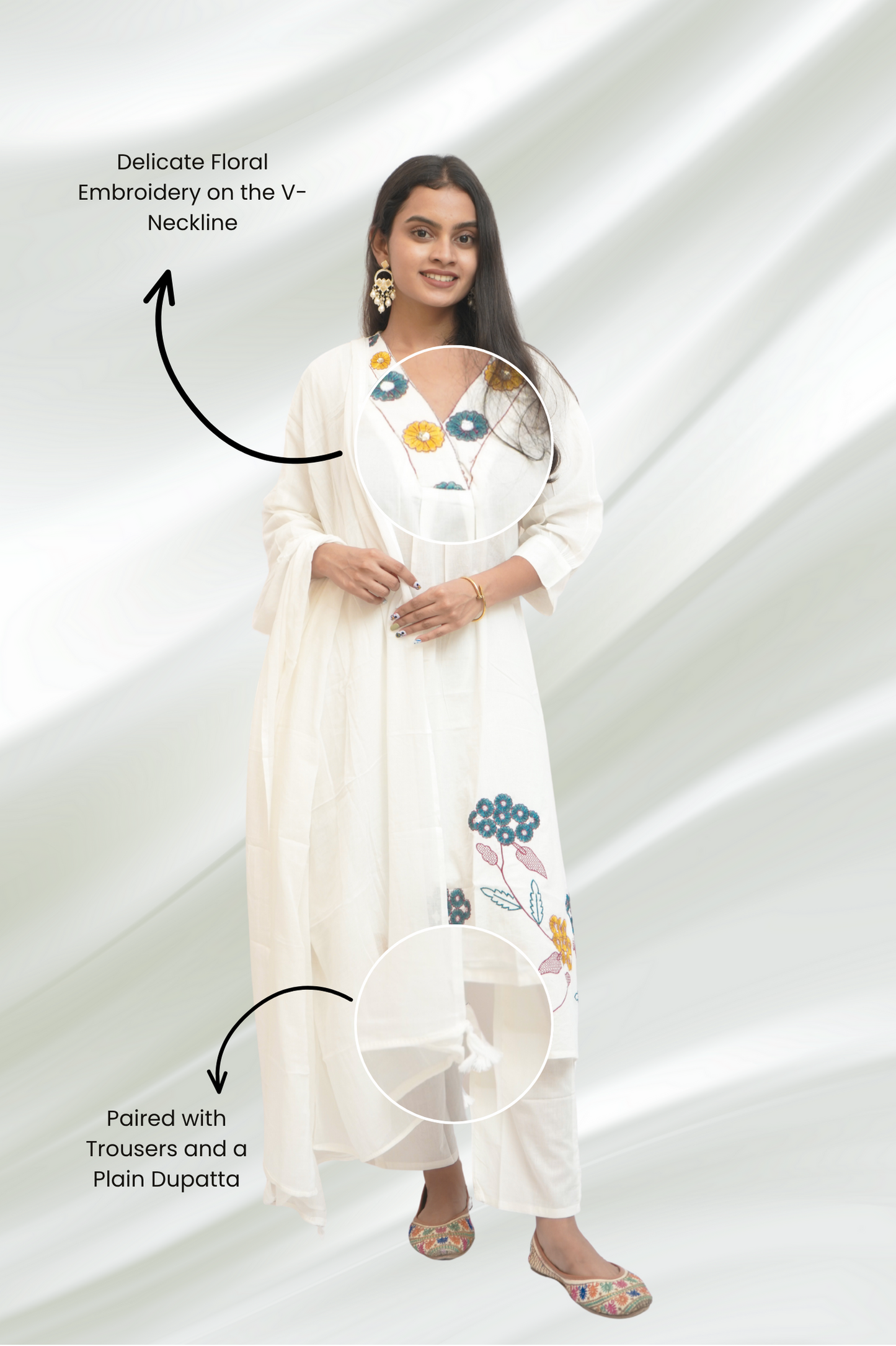 Women White Embroidered Cotton A-Line Kurta Set