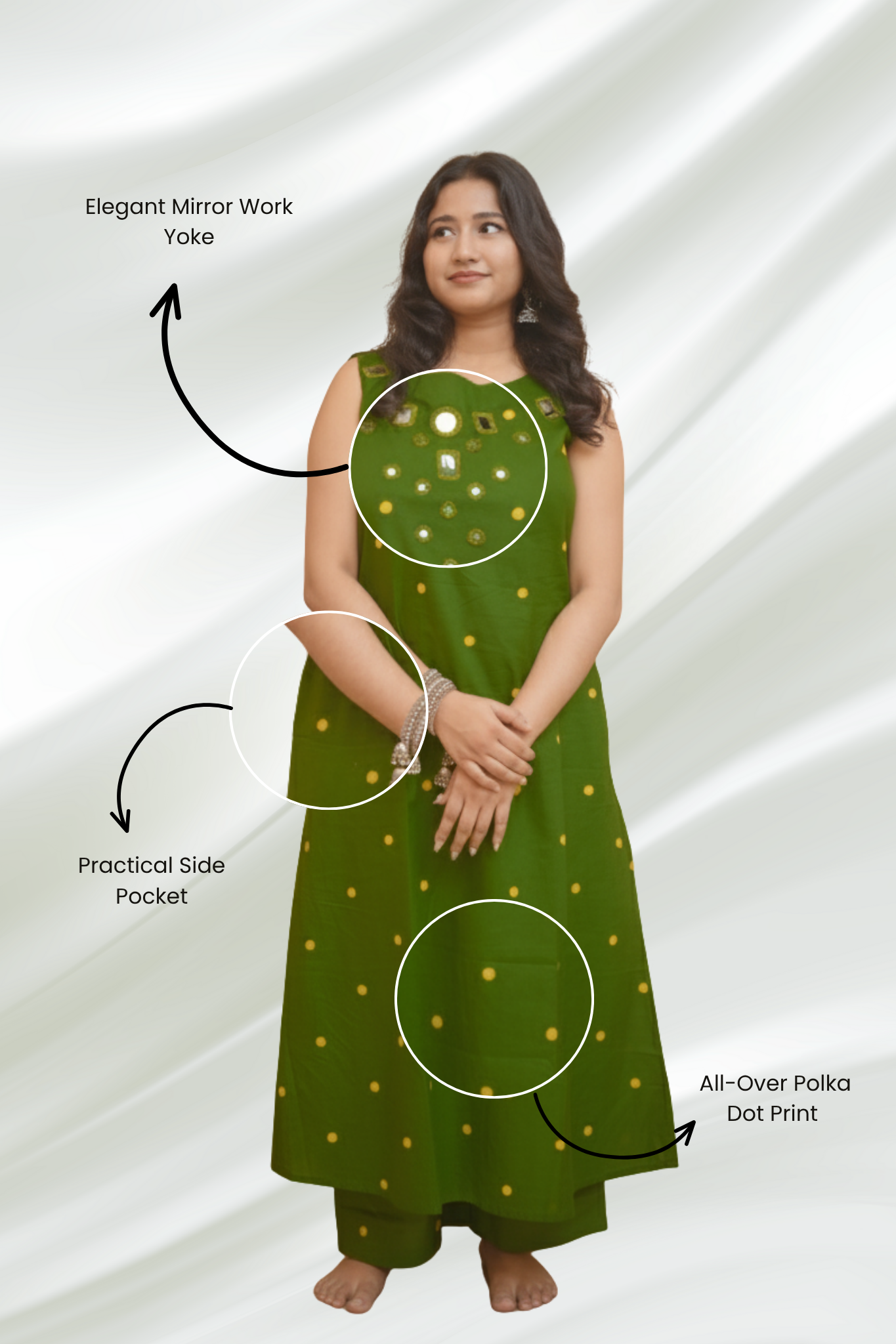 Green Neckline Embroidery With Yellow Dot Kurta Set