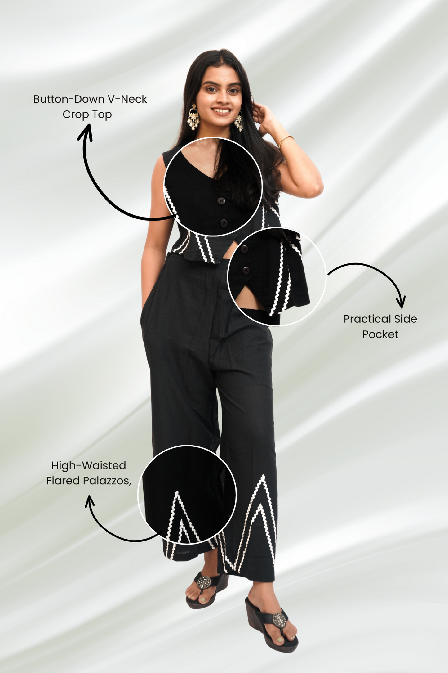 Black Sleeveless Crop Top Palazzo With Chevron Embroidery.