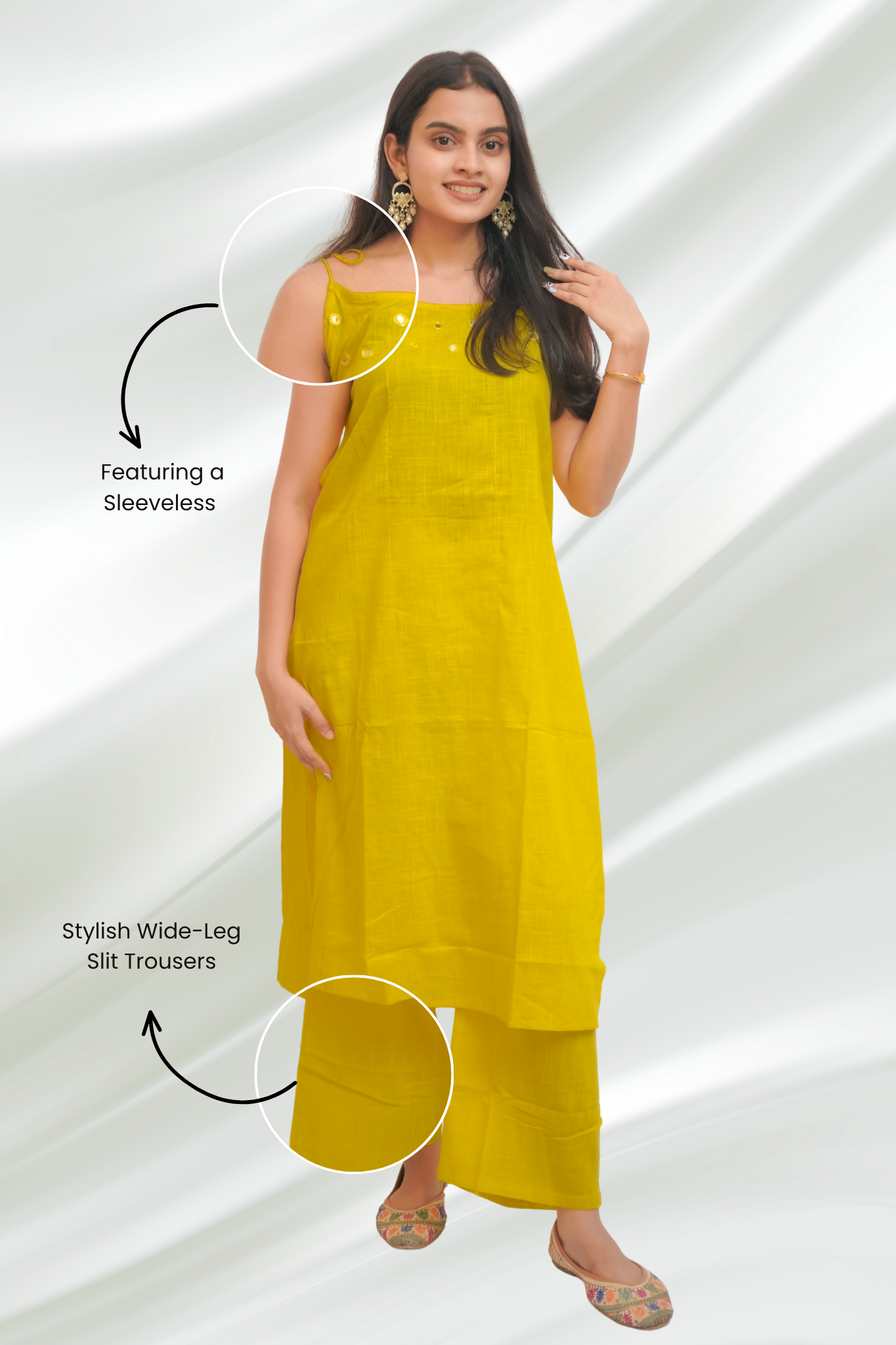 Mustard Yellow Sleeveless Kurta Palazzo With Tie-Up Detailing.
