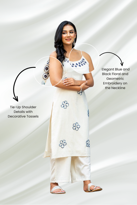 Modern Off-White A-Line With Blue Embroidery Kurta Set