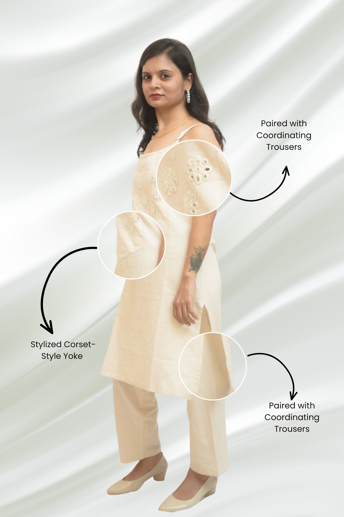 Modern Sleeveless Linen Kurta Set With Traditional Mirror Work.