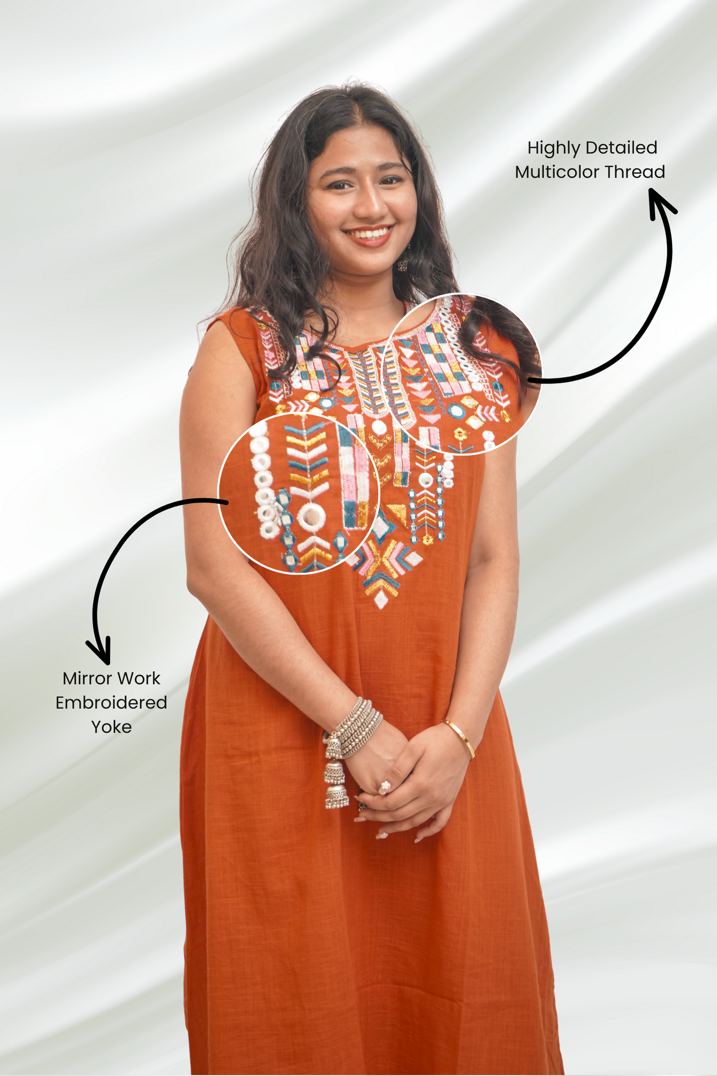 Sleeveless Embroidery Rust Kurti Set With Mirror Work