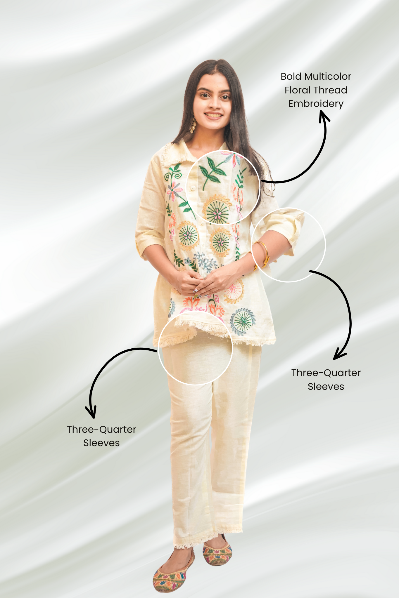 White Shirt Embroidery Co-Ord Set Colourful Threadwork