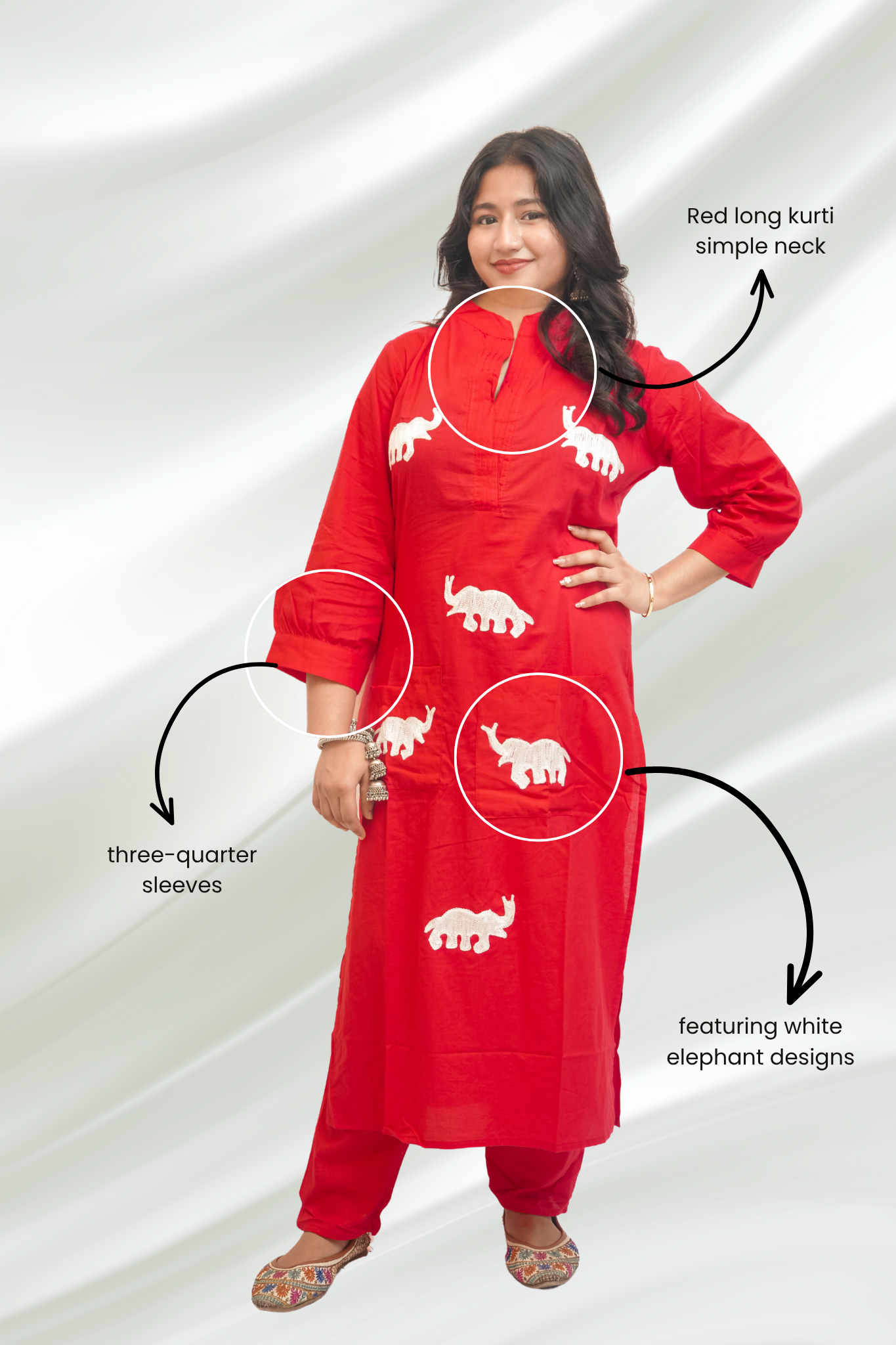 Red Kurta Set With White Elephant Embroidery Design