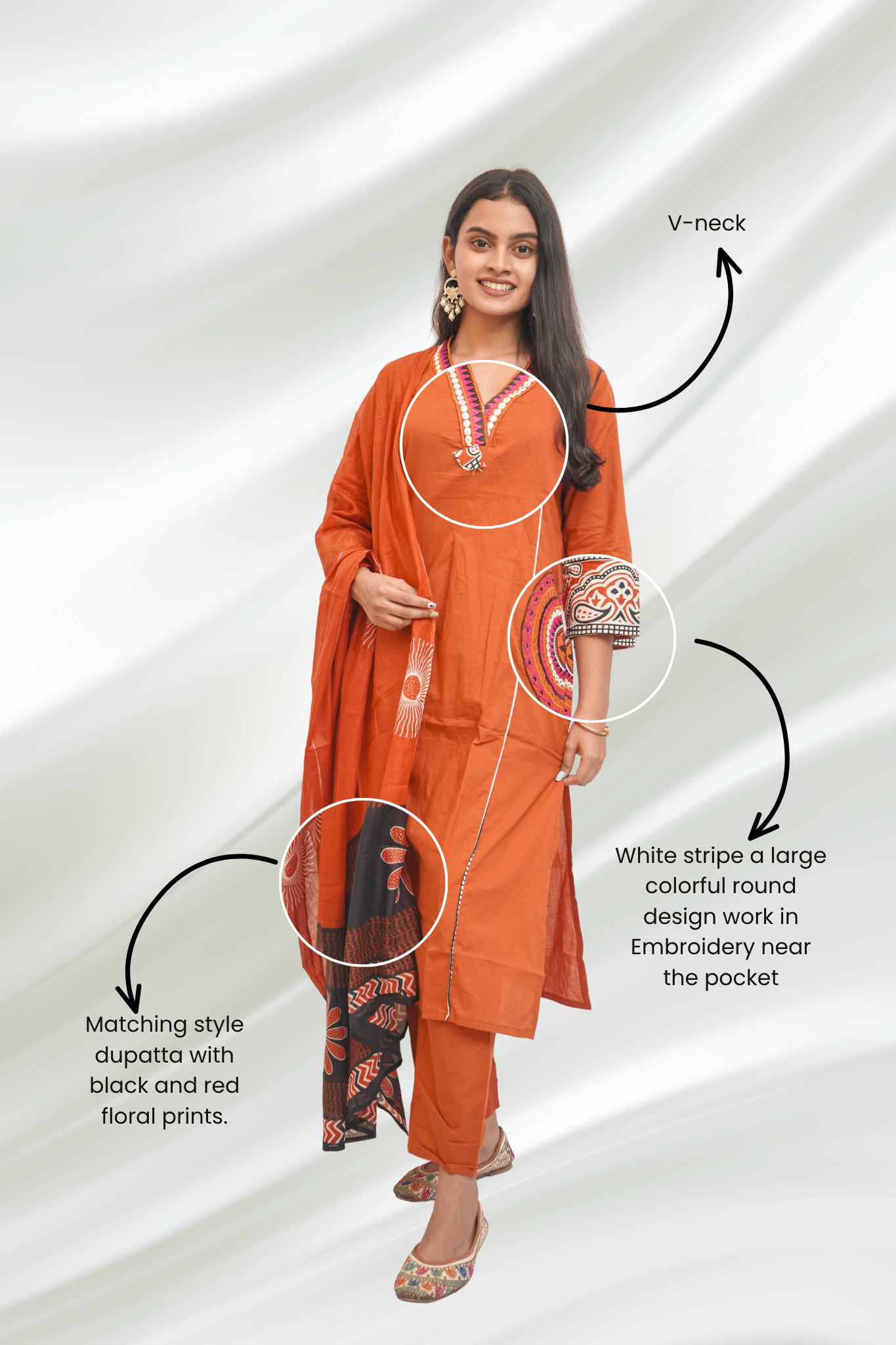 Orange Cotton Embroidery Contrasting Border Printed Dupatta