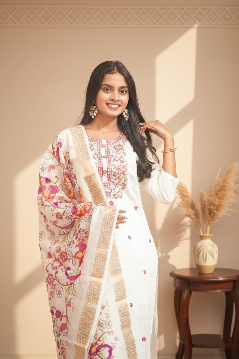 Cream Coloured Embroidery Silk Kurta Set