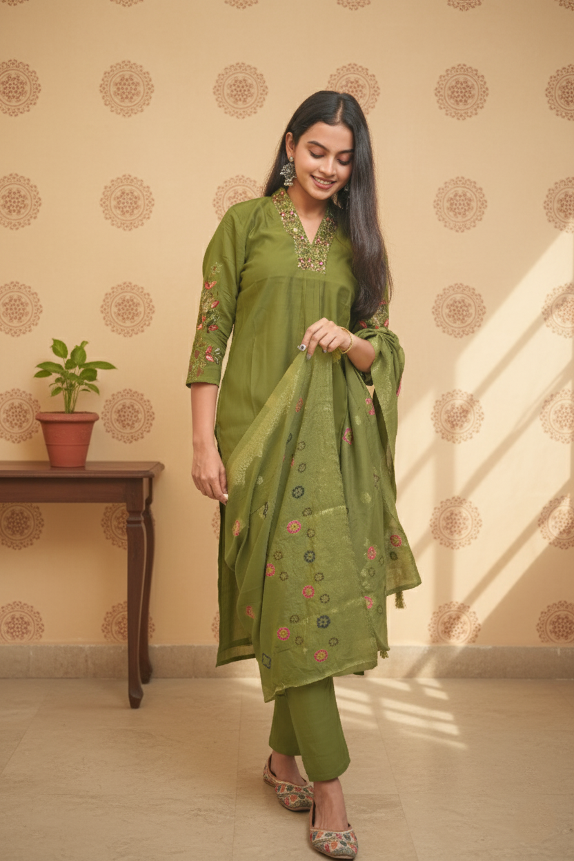 Light Mahendi Muslin Fabric Kurta Set