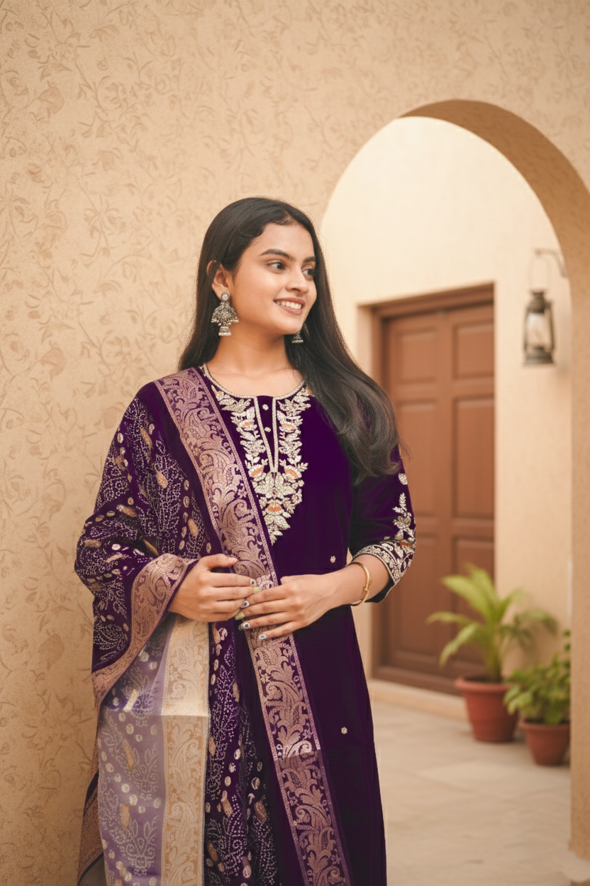 Dark Purple Lichi Silk Kurta Set