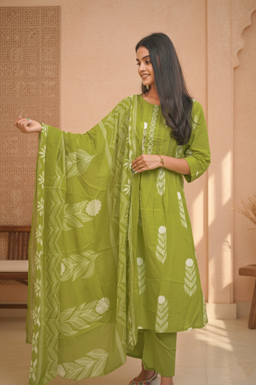 Elegant lime Block Print Kurta Set