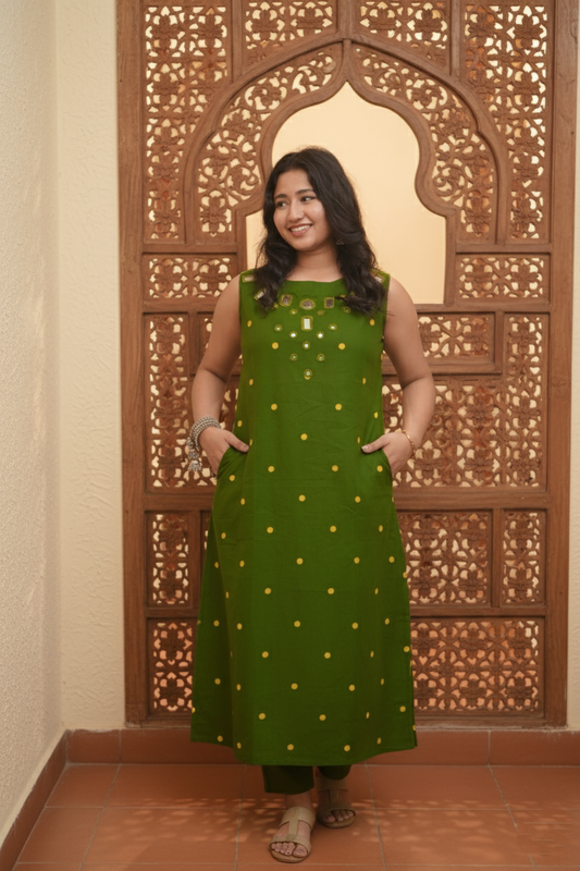 Green Neckline Embroidery With Yellow Dot Kurta Set
