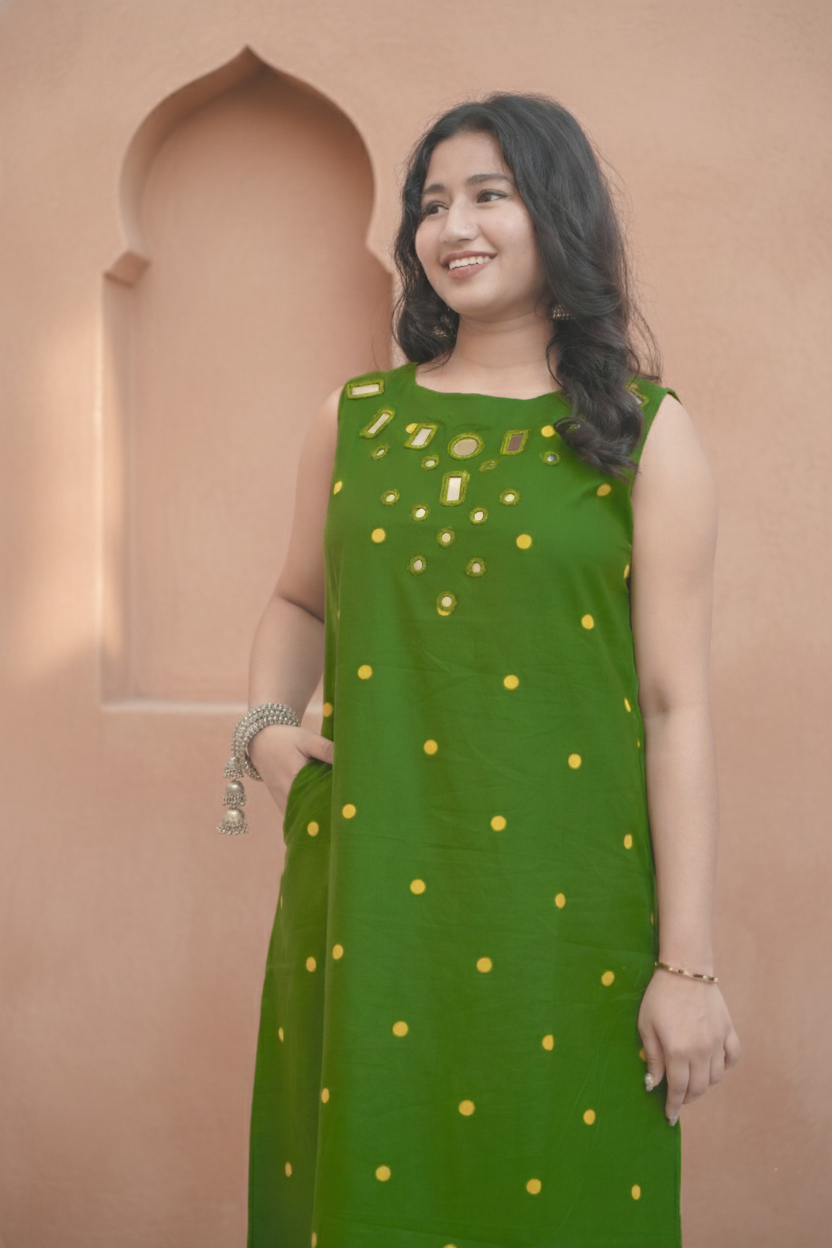 Green Neckline Embroidery With Yellow Dot Kurta Set