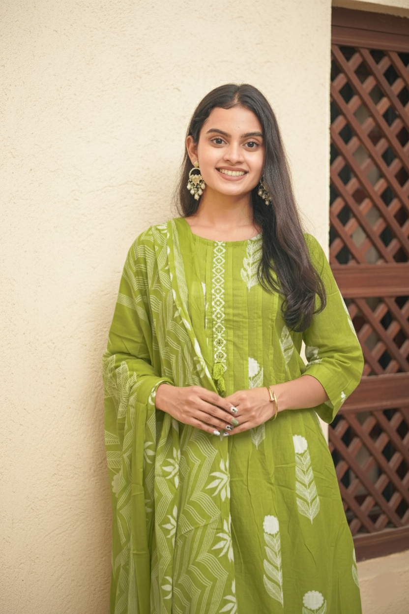 Elegant lime Block Print Kurta Set