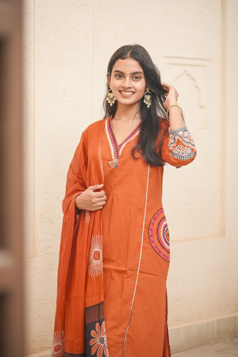 Orange Cotton Embroidery Contrasting Border Printed Dupatta