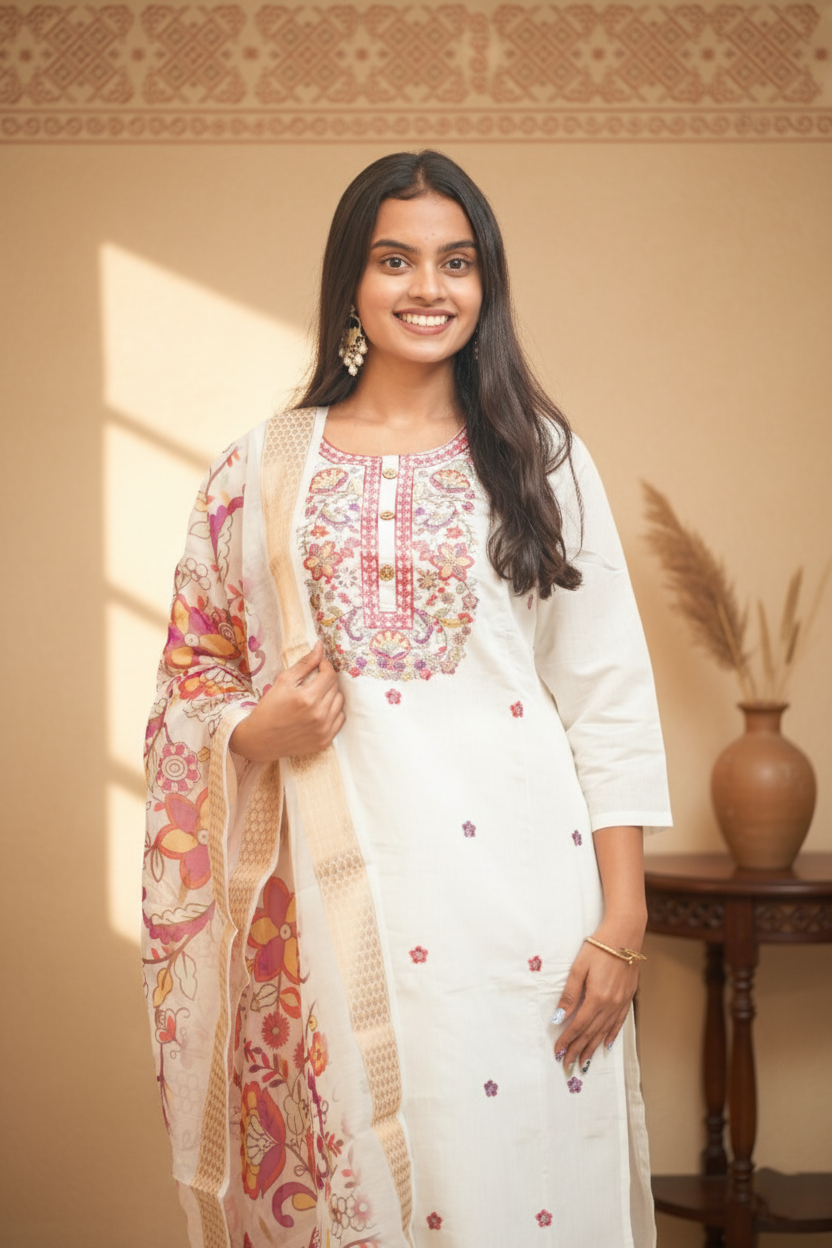Cream Coloured Embroidery Silk Kurta Set