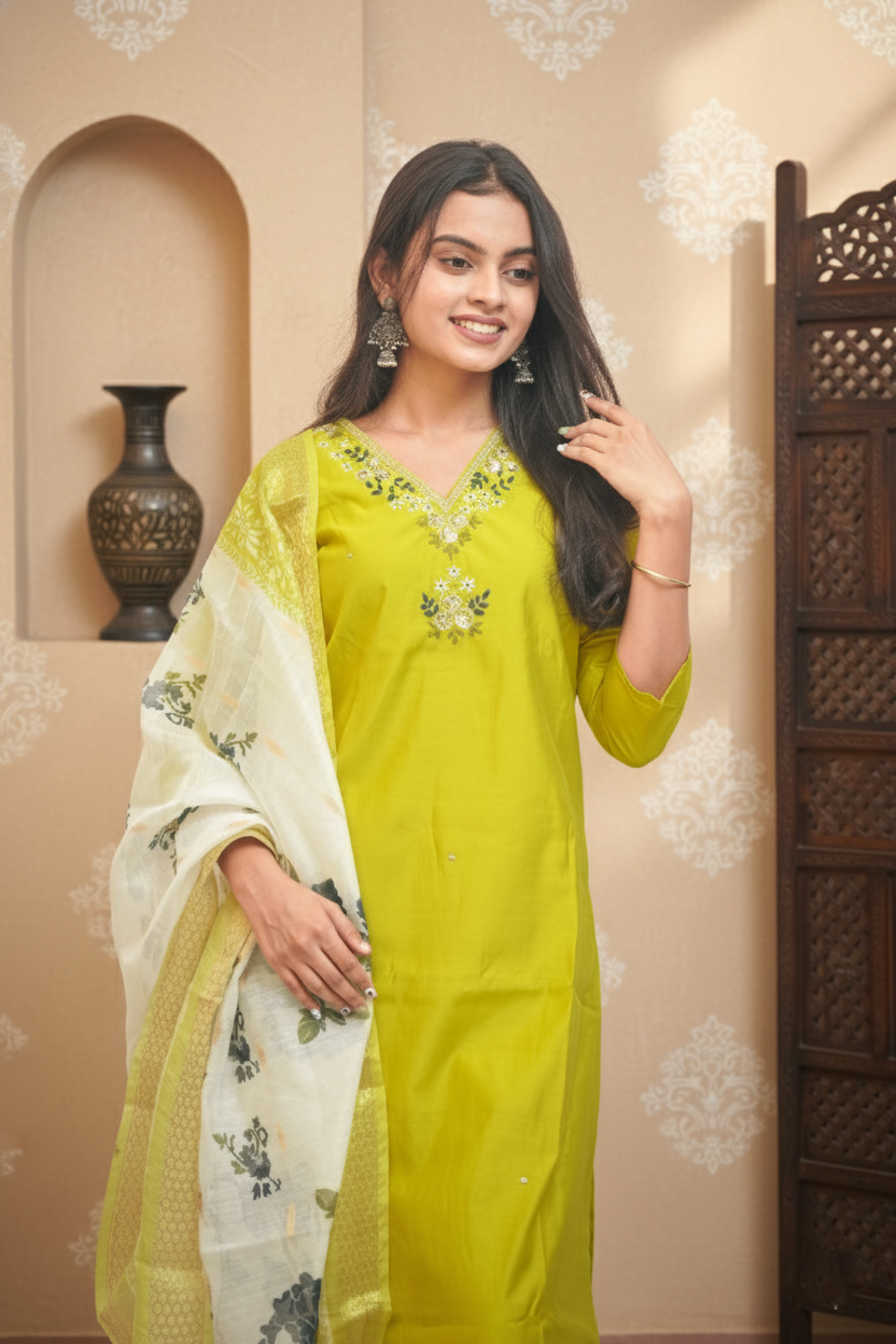 Lemon Green Hevay Chanderi Hand work Kurta Set