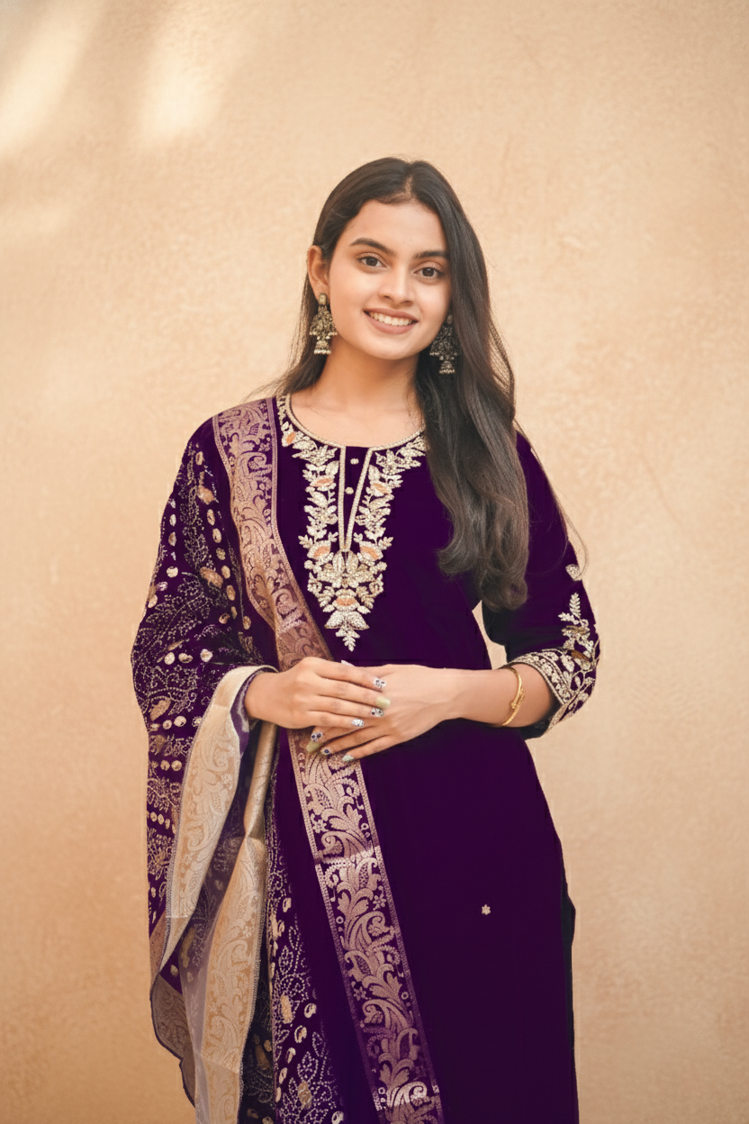 Dark Purple Lichi Silk Kurta Set