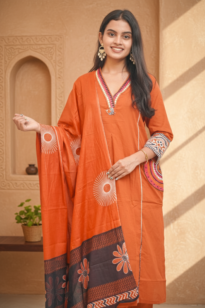 Orange Cotton Embroidery Contrasting Border Printed Dupatta