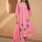 Women Pink Embroidered Cotton A-Line Kurta Set