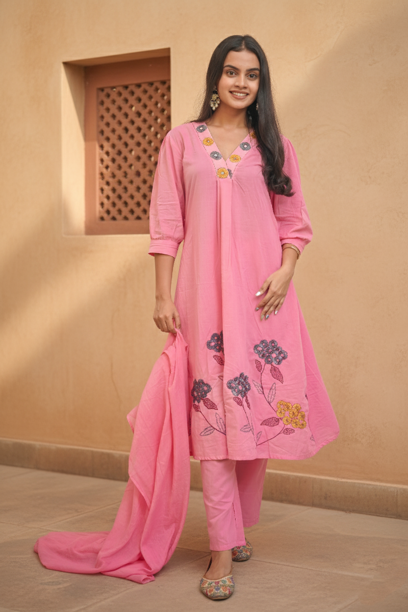 Women Pink Embroidered Cotton A-Line Kurta Set