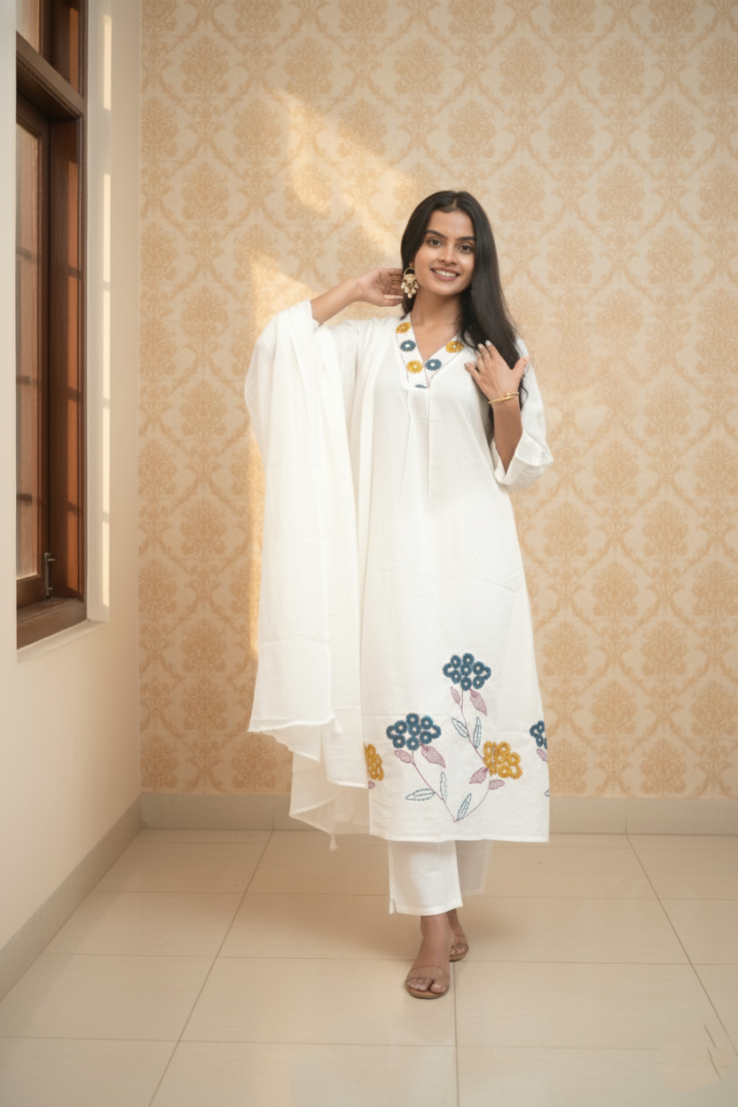 Women White Embroidered Cotton A-Line Kurta Set