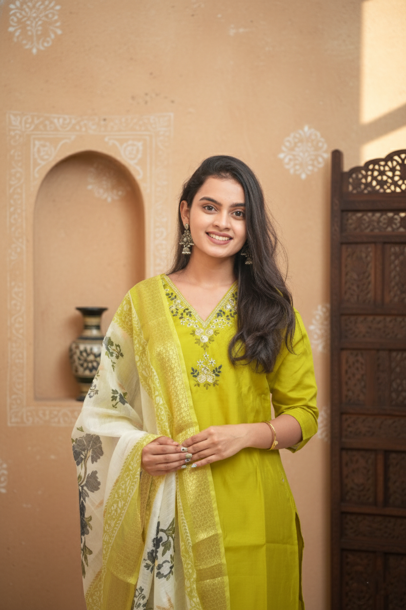 Lemon Green Hevay Chanderi Hand work Kurta Set