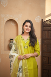 Lemon Green Hevay Chanderi Hand work Kurta Set