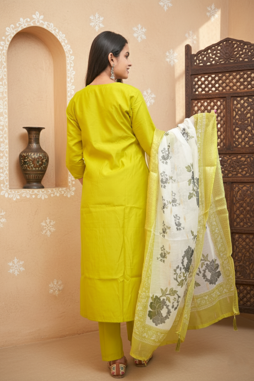 Lemon Green Hevay Chanderi Hand work Kurta Set