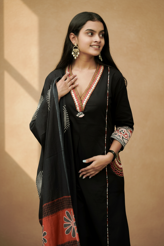 Black Cotton Embroidery a Contrasting Border Printed Dupatta