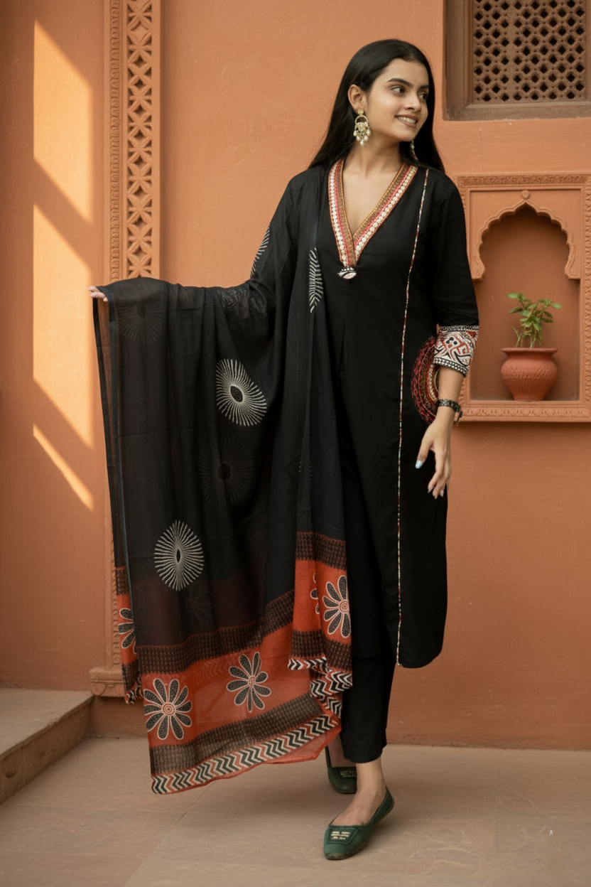 Black Cotton Embroidery a Contrasting Border Printed Dupatta