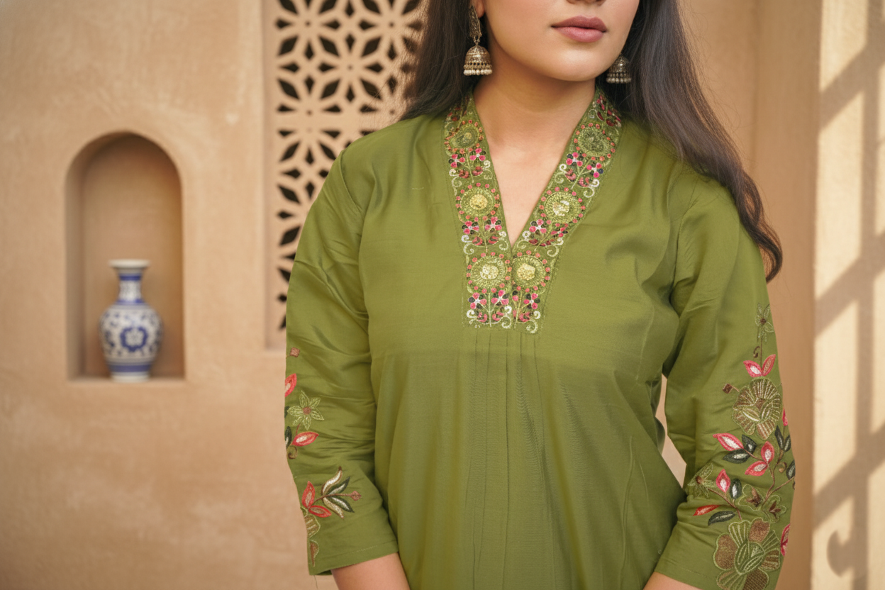 Light Mahendi Muslin Fabric Kurta Set