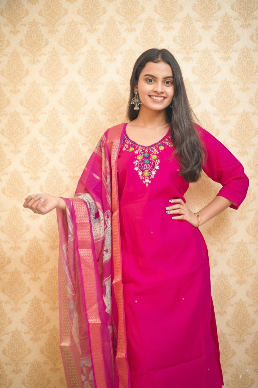 Pink Roman Silk Handwork Kurta Set